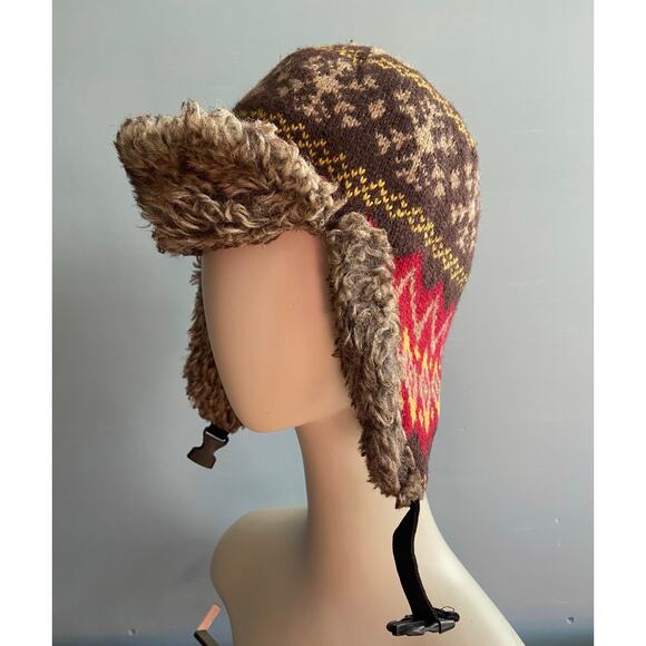 Thick Brown/Red Fleece Lined Winter Hat w/Ear Flaps sz OS (Unisex) - Picture 3 of 9